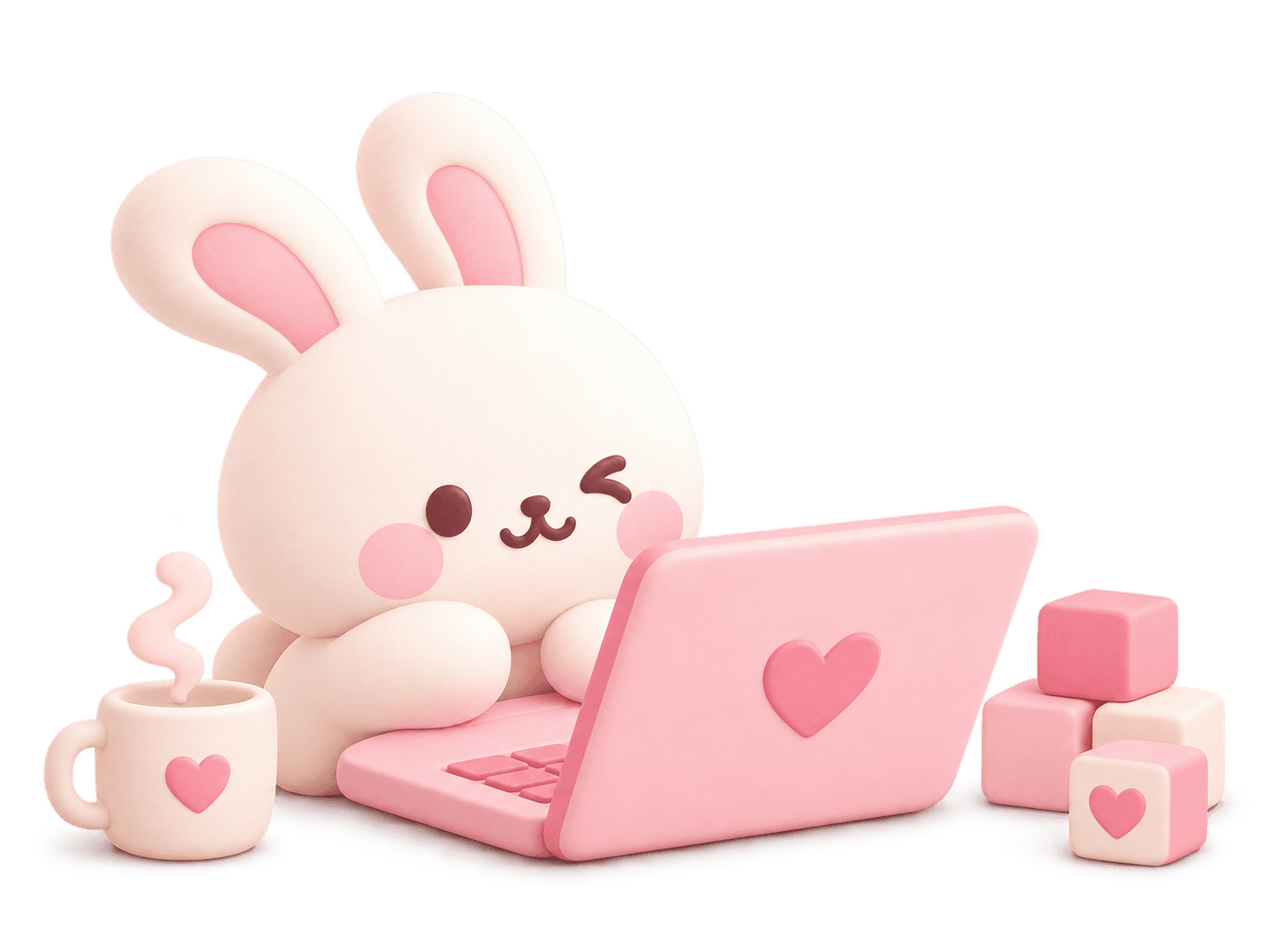 A little cream bunny building a website on a pink laptop, with a mug and haX toy blocks.