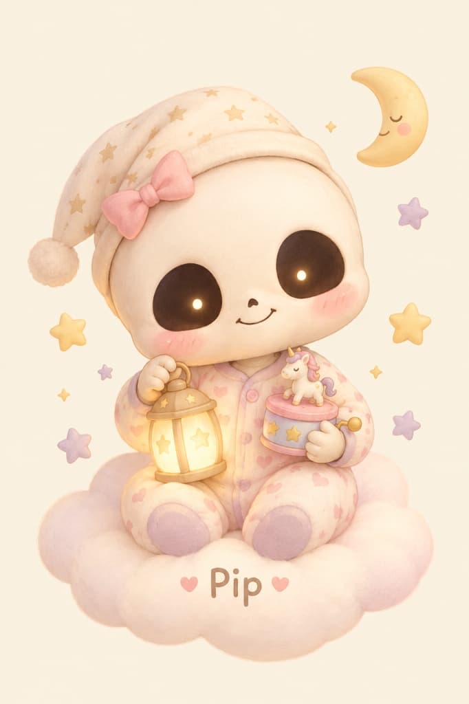 Official reference art of Pip: a cute baby with a skull face, glowing eye sockets, cozy nightcap with stars, sitting on a soft cloud holding a warm dream lantern and music box.